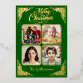 Goud Vrolijk Kerstfeest, vier afbeeldingen, Paarse Folie Feestdagenkaart (Voorkant)