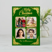 Goud Vrolijk Kerstfeest, vier afbeeldingen, Paarse Folie Feestdagenkaart (Staand Voorkant)