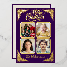Goud Vrolijk Kerstfeest, vier afbeeldingen, paarse Folie Feestdagenkaart
