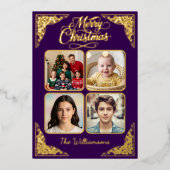 Goud Vrolijk Kerstfeest, vier afbeeldingen, paarse Folie Feestdagenkaart (Voorkant)