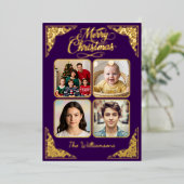 Goud Vrolijk Kerstfeest, vier afbeeldingen, paarse Folie Feestdagenkaart (Staand Voorkant)