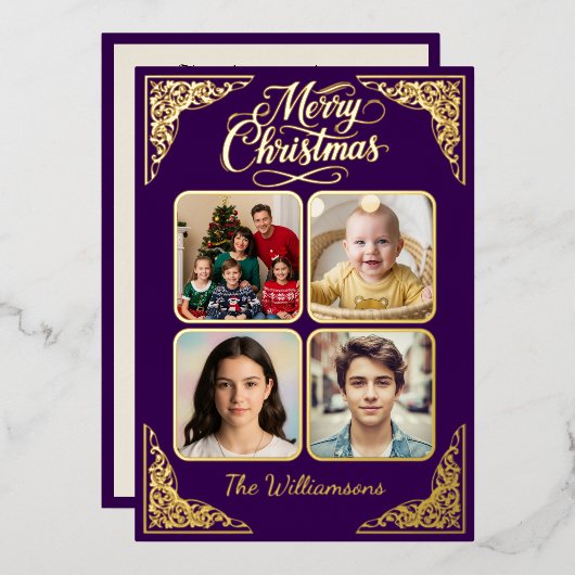 Goud Vrolijk Kerstfeest, vier afbeeldingen, paarse Folie Feestdagenkaart (Voorkant / Achterkant)
