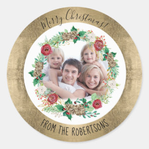 Goud Vrolijk Kerstmis Bloemenkrans Familie Foto Ronde Sticker