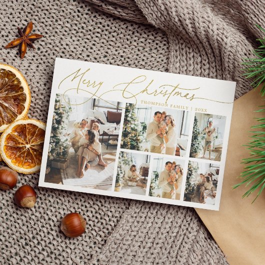 Goud Vrolijk Kerstmis Elegant Script Fotocollage Feestdagenkaart