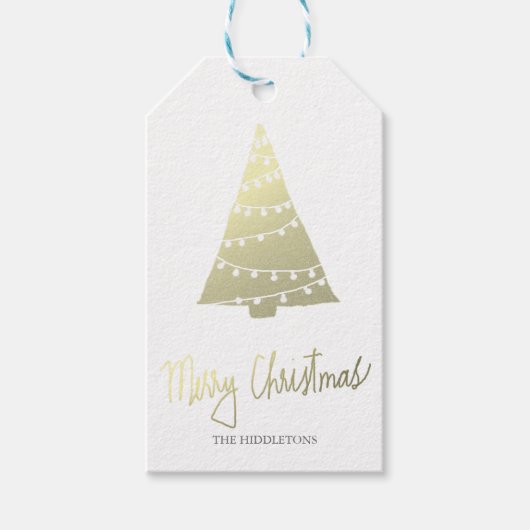 Goud Vrolijk Kerstmis Modern Script Kerstboom Cadeaulabel (Voorkant)