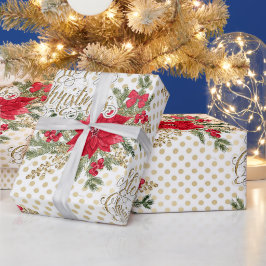 Goud Vrolijk Kerstmis Rode Poinsettia Cadeaupapier