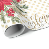 Goud Vrolijk Kerstmis Rode Poinsettia Cadeaupapier (Rol Hoek)