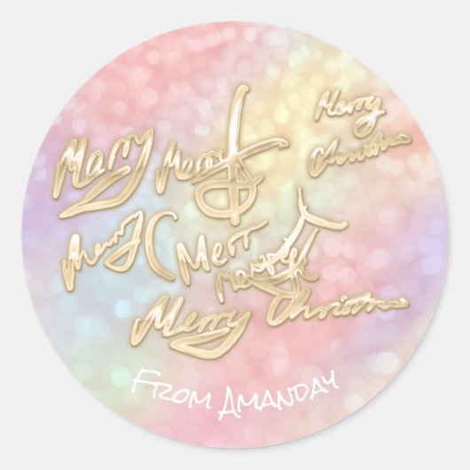 Goud Vrolijk Kerstmis Script van Holographic Spark Ronde Sticker (Voorkant)