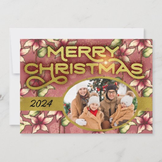 Goud Vrolijk Kerstrood Poinsettia en Sneeuwvlokken Feestdagenkaart (Voorkant)