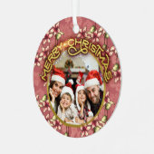 Goud Vrolijk Kerstrood Poinsettia en Sneeuwvlokken Metalen Ornament (Voorkant links)