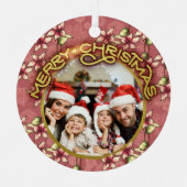 Goud Vrolijk Kerstrood Poinsettia en Sneeuwvlokken Metalen Ornament (Voorkant)