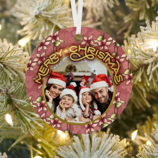 Goud Vrolijk Kerstrood Poinsettia en Sneeuwvlokken Metalen Ornament (Insitu)