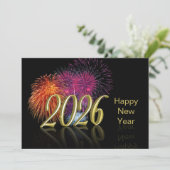 Goud Vrolijk Nieuwjaar 2026 Vuurwerk Feestdagenkaart (Staand voorkant)