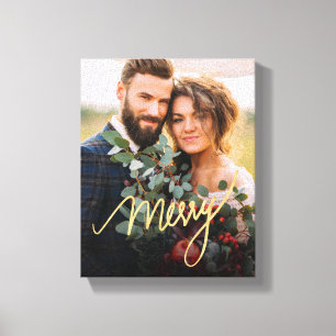 Goud Vrolijke Pas getrouwd Eerste Kerstmis Bruilof Canvas Afdruk