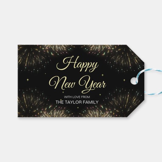 Goud Vuurwerk 2024 Gelukkig Nieuwjaar Cadeaulabel (Voorkant (Horizontaal))