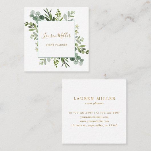 Goud | Waterverf Eucalyptus Green Foliage Vierkante Visitekaartje (Voorkant / Achterkant)