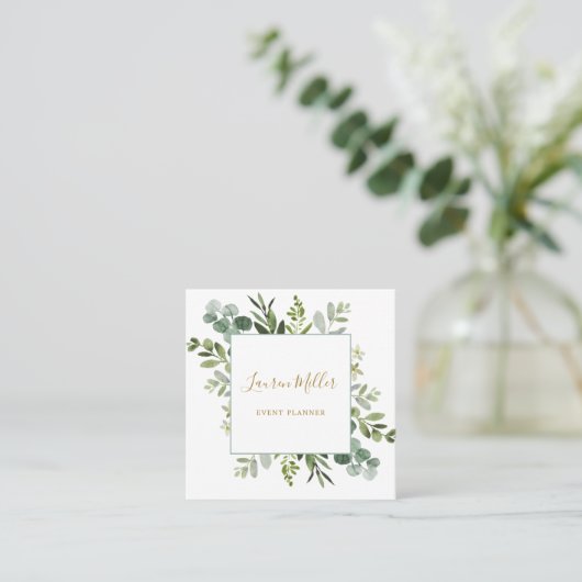 Goud | Waterverf Eucalyptus Green Foliage Vierkante Visitekaartje (Staand voorkant)