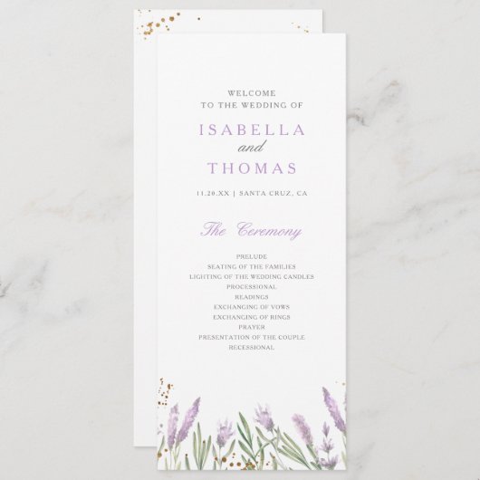 Goud & Waterverf Lavendel Bloemen Trouwprogramma (Voorkant / Achterkant)