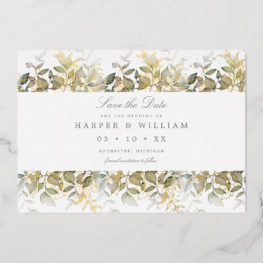 Goud waterverf verlaat sparen de datum briefkaart (Voorkant)