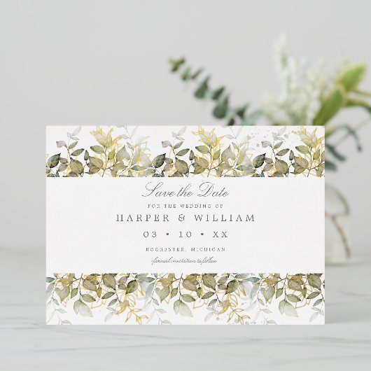 Goud waterverf verlaat sparen de datum briefkaart (Staand Voorkant)