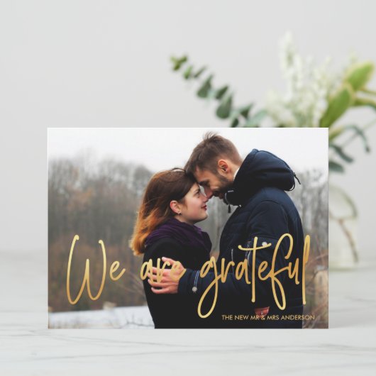 Goud | We zijn dankbaar 2 Foto Weddenschap Harteli Bedankkaart (Staand voorkant)