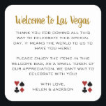 Goud Welkom bij Las Vegas Bruiloft Welkom Mand Vierkante Sticker<br><div class="desc">Trouwen in Las Vegas? Deze gouden en witte welkom stickers zouden een perfecte aanvulling op de welkomstmand van uw gast in hun hotel. Personaliseer met je eigen oprechte tekst.</div>