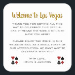 Goud Welkom bij Las Vegas Bruiloft Welkom Mand Vierkante Sticker<br><div class="desc">Trouwen in Las Vegas? Deze gouden en witte welkom stickers zouden een perfecte aanvulling op de welkomstmand van uw gast in hun hotel. Personaliseer met je eigen oprechte tekst.</div>