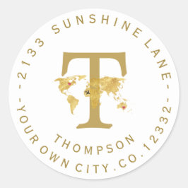 Goud Wereldkaart Monogram Circulair adres label