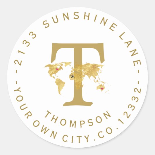 Goud Wereldkaart Monogram Circulair adres label (Voorkant)