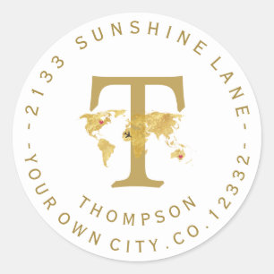 Goud Wereldkaart Monogram Circulair adres label