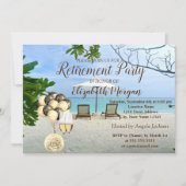 Goud wijnglas, ballon, Beach Retirement Party Kaart (Voorkant)