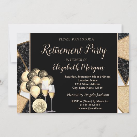 Goud-wijnglas, ballon, marmer-Pensioenpartij Kaart (Voorkant)