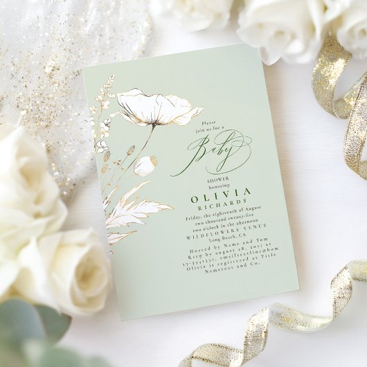Goud Wildbloem Sage Green Elegant Baby shower Kaart
