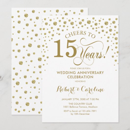Goud Wit 15e Jubileum Uitnodiging (Voorkant / Achterkant)