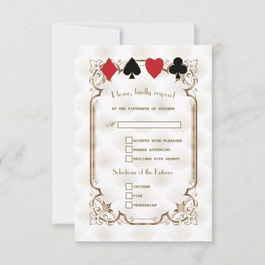 Goud Wit Art Deco Casino Vegas Poker Bruiloft RSVP Kaartje (Voorkant)