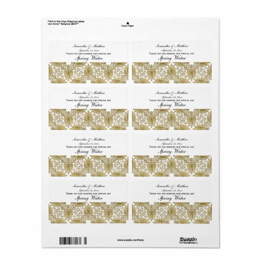  Goud Wit Art Deco Damask #3 Waterlabel Etiket (Full Sheet)