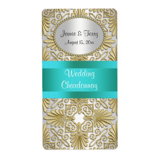 Goud Wit Art Deco Damast DIY Party Wijnlabel Etiket (Voorkant)