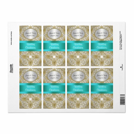 Goud Wit Art Deco Damast DIY Party Wijnlabel Etiket (Full Sheet)