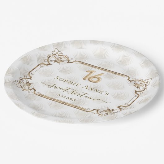 Goud Wit Art Deco Sweet Zestien Verjaardag Papieren Bordje (Gekanteld)