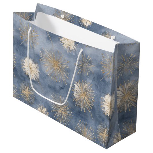 Goud Wit Blauw Glitter Vuurwerk Groot Cadeauzakje (Voorkant Gekanteld)