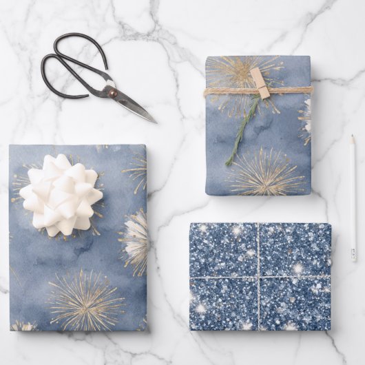 Goud Wit Blauw Glitter Vuurwerk Inpakpapier Vel (Voorkant)