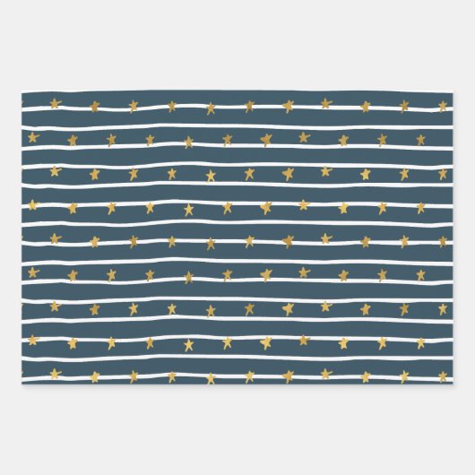 Goud Wit Blauw Sterren en Strepen Inpakpapier Vel (Voorkant)