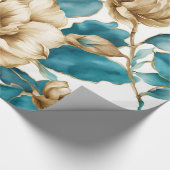 Goud Wit Blauwgroen Bloemen Patroon Cadeaupapier (Hoek)
