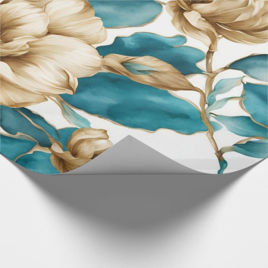 Goud Wit Blauwgroen Bloemen Patroon Cadeaupapier (Hoek)