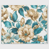 Goud Wit Blauwgroen Bloemen Patroon Cadeaupapier (Vlak)