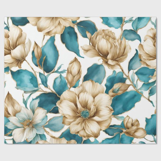  Goud Wit Blauwgroen Bloemen Patroon Cadeaupapier (Vlak)