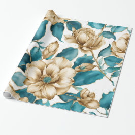  Goud Wit Blauwgroen Bloemen Patroon Cadeaupapier