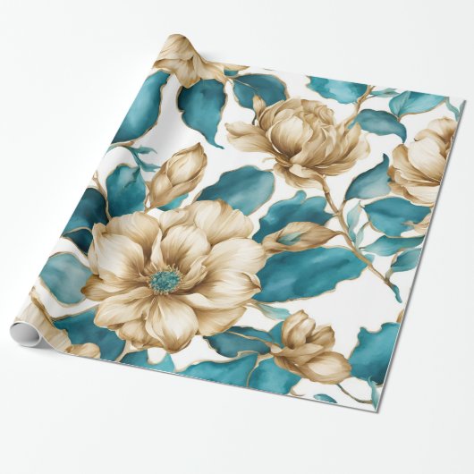 Goud Wit Blauwgroen Bloemen Patroon Cadeaupapier (Uitgerold)