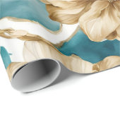Goud Wit Blauwgroen Bloemen Patroon Cadeaupapier (Rol Hoek)