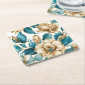  Goud Wit Blauwgroen Bloemen Patroon Kartonnen Onderzetters (Schuin)